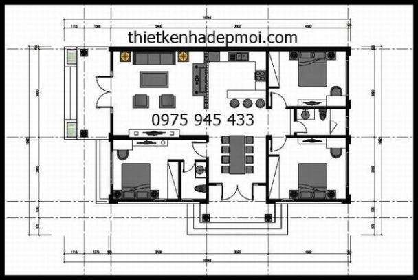 Mặt bằng nhà cấp 4 mái thái đẹp 9x16m