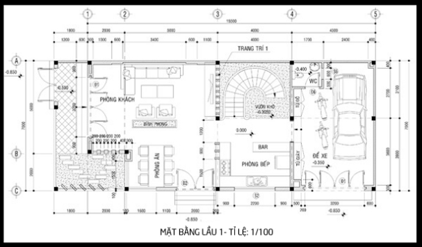 Bản vẽ mặt bằng tầng 1 của mẫu biệt thự 3 tầng 2 mặt tiền