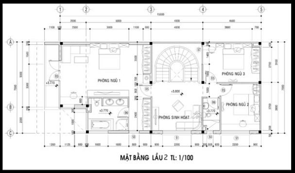 Bản vẽ mặt bằng tầng 2 của mẫu biệt thự 3 tầng 2 mặt tiền