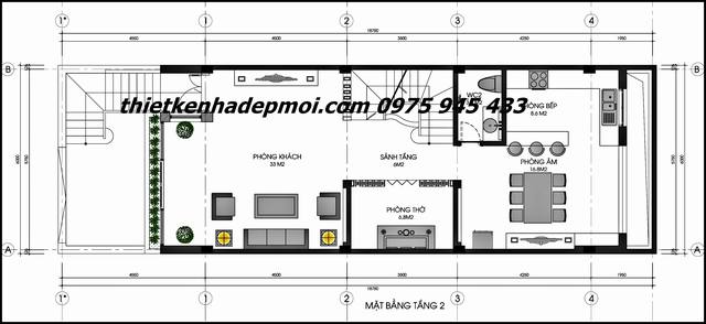 Bản vẽ mặt tiền tầng 2 căn nhà phố 4 tầng đẹp