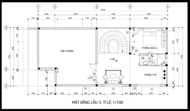 Bản vẽ mặt bằng tầng 3 của mẫu biệt thự 3 tầng 2 mặt tiền