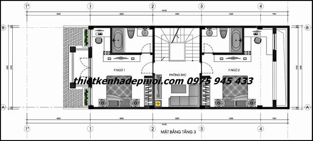 Bản vẽ mặt tiền tầng 3 căn nhà phố 4 tầng đẹp