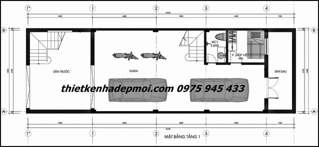 Bản vẽ mặt tiền tầng trệt căn nhà phố 4 tầng đẹp